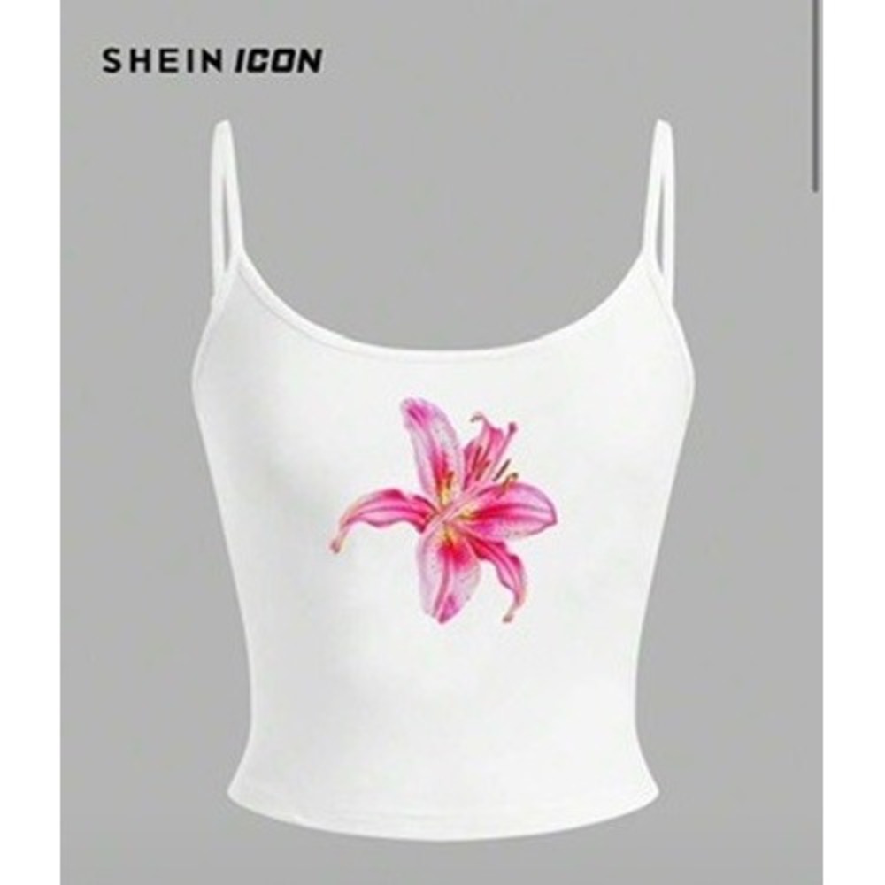 SHEIN ICON Camisole S White Floral Lily Graphic Cropped Tank Top